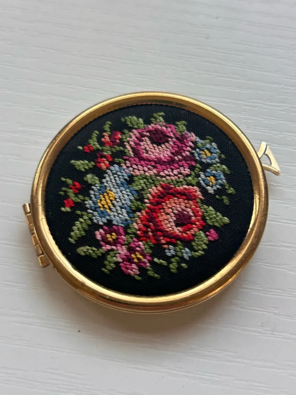 Vintage Avon Tapestry Needlepoint Compact Locket Pendant Cottagecore Grandmacore